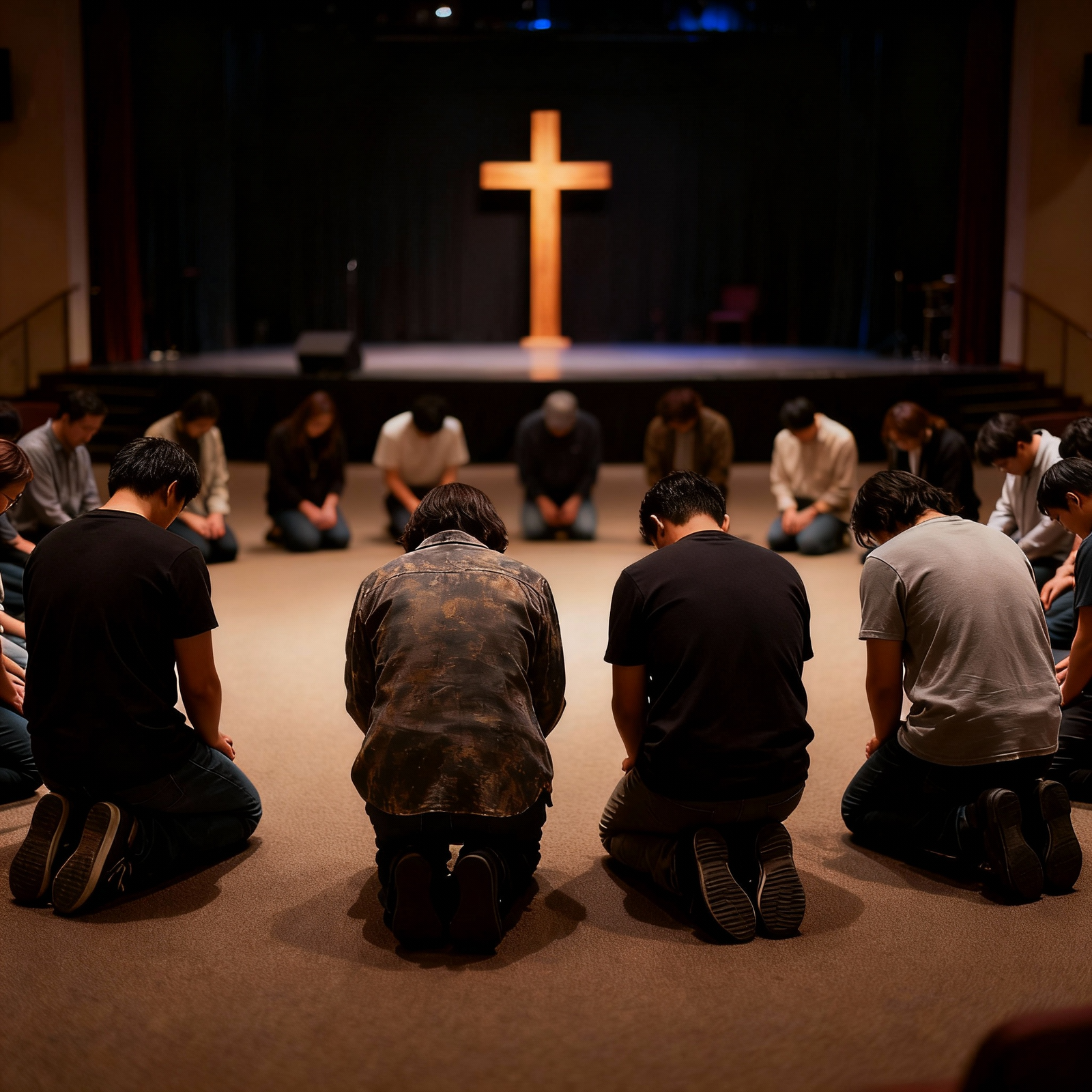Believers kneeling in prayer before a cross